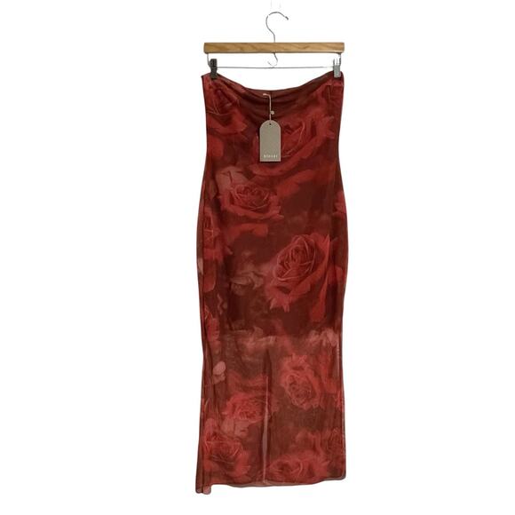 Meshki Aphrodite Strapless Mesh Midi Dress Size L Red Rose Print Sheer Party NWT - Picture 3 of 15